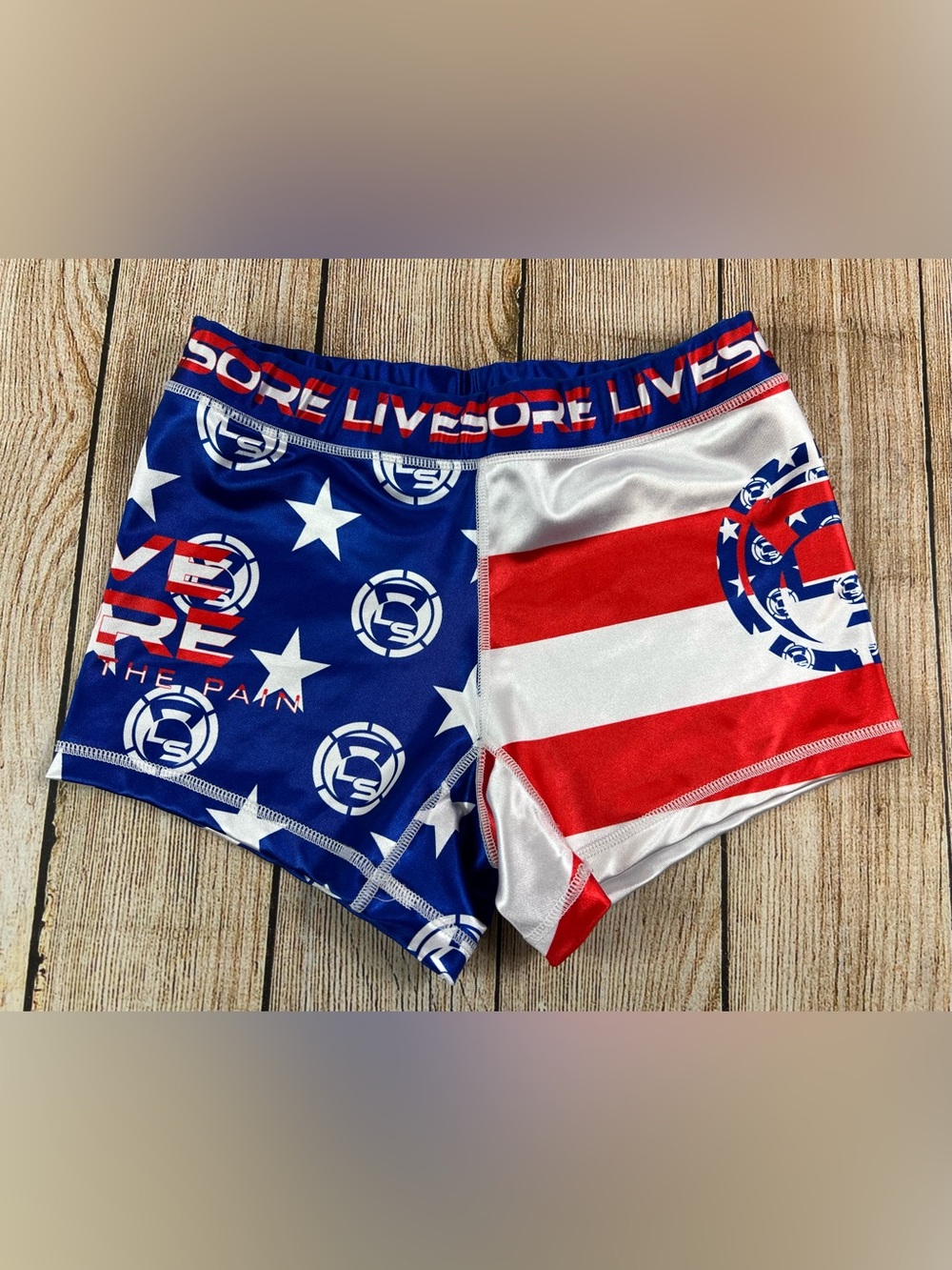 Women’s LIVESORE Fitness Gym Workout Shorts Patriotic Red White Blue Medium